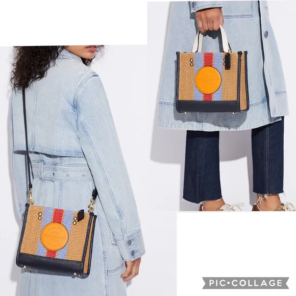 NWT COACH CA291 DEMPSEY TOTE‎ 22 WITH COACH PATCH STRAW/LEATHER SHOULDER BAG - Picture 4 of 11